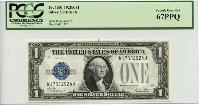 1928A $1 Silver Certificate Blue Woods Mellon Fr# 1601 PCGS SUPERB GEM 67 PPQ