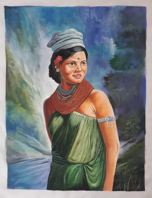 Hecho a Mano Mujer Pintura De Nepalí Acuarela Arte Sobre Seda Paño 55.9x68.6cm