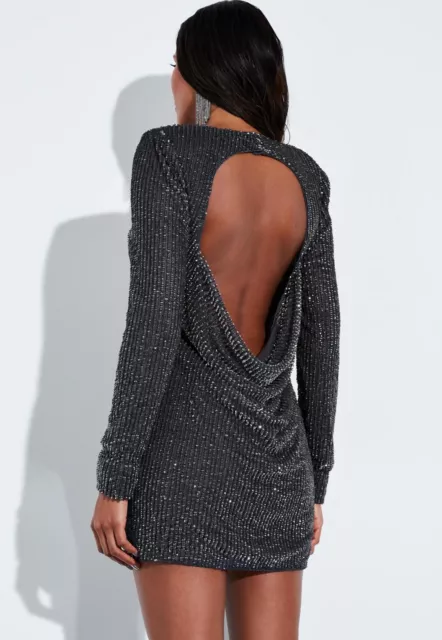 Missguided X peace + love grey sequin embellished cut out drape back mini dress.