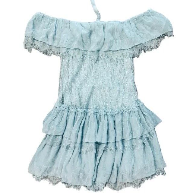 Alice + Olivia Blue Tie Neck Tiered Ruffle Eyelash Lace Mini Dress