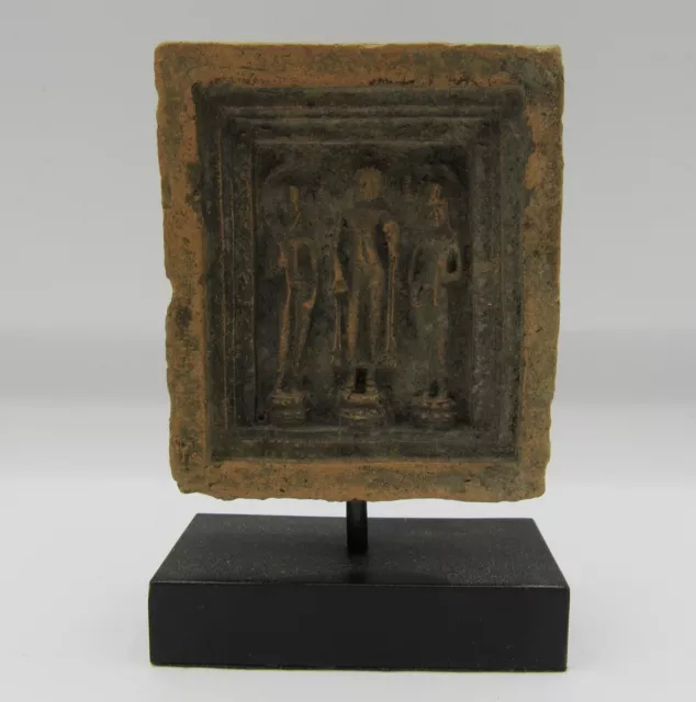 Antique terracotta pottery votive plaque tablet standing Buddha 2.5x3” Thai