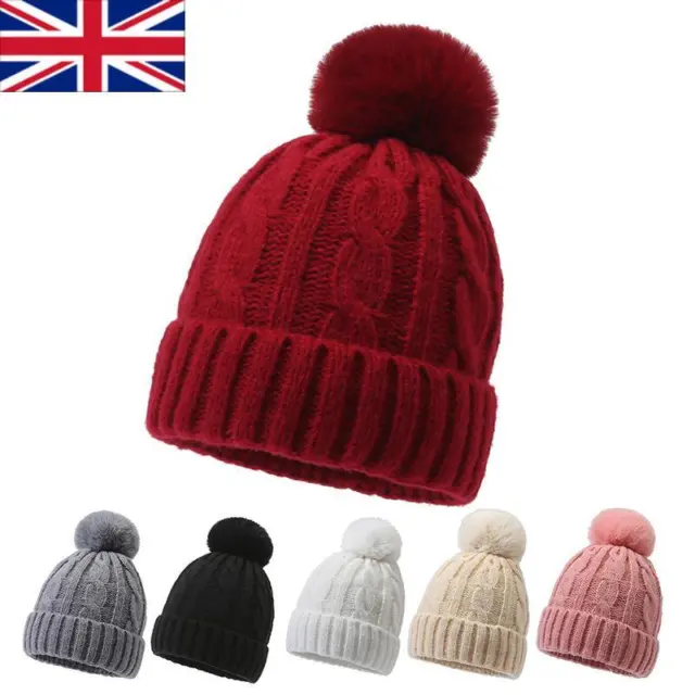 UK Womens Winter Hat Cable Knit Bobble Beanie Warm Pom Pom Ladies Wooly