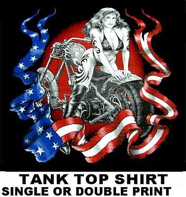 Sexy Tattoo Girl V-Twin Chopper Motorcycle American Flag Biker Tank Top Shirt 27