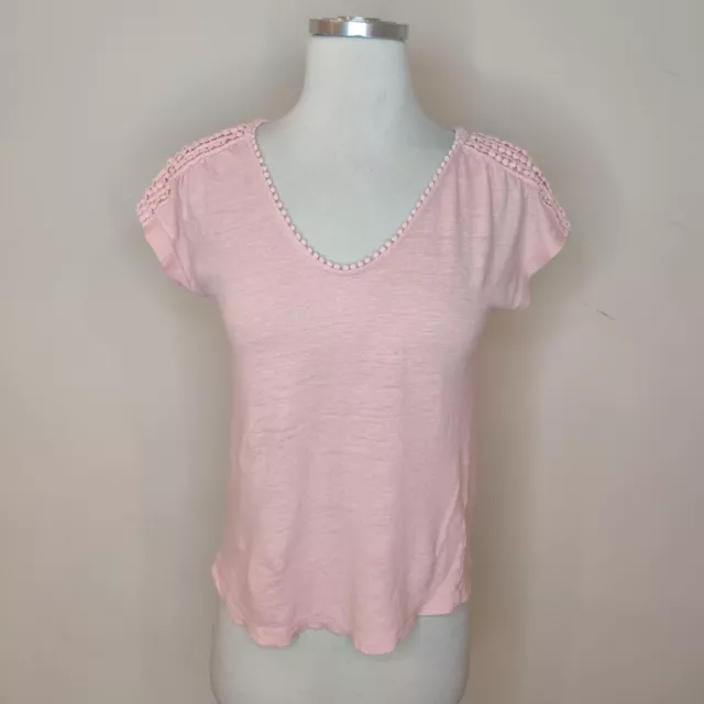 Boden Linen Knit Top Womens Size XS Pink Short Sleeve Pom Pom Tee