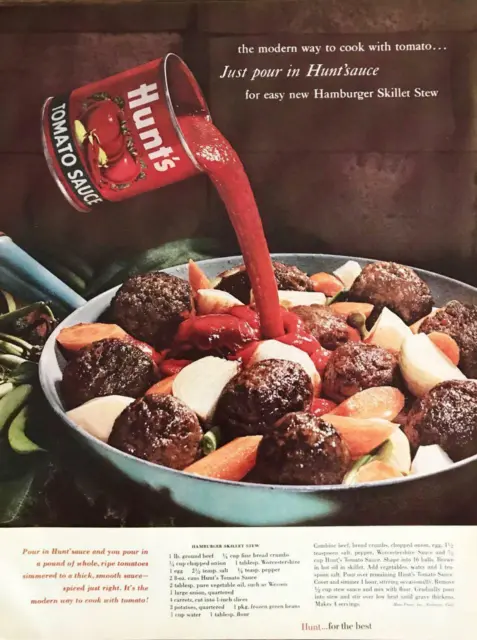1961 Hunt's Tomato Sauce Print Ad Hamburger Skillet Stew Recipe