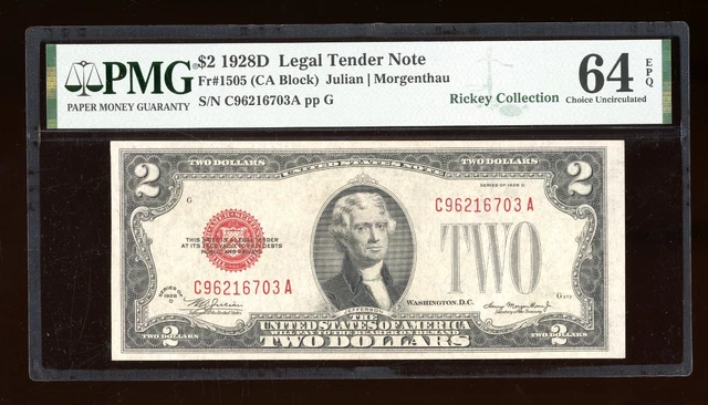 DBR 1928-D $2 Legal Fr. 1505 CA Block PMG 64 EPQ Serial C96216703A