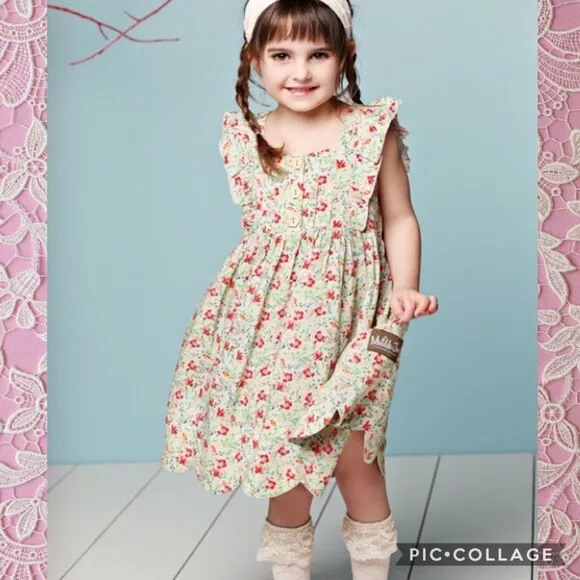 Matilda Jane Size 4 Bubble Gum Dress Serendipity Floral Scalloped Hem Girl #2890