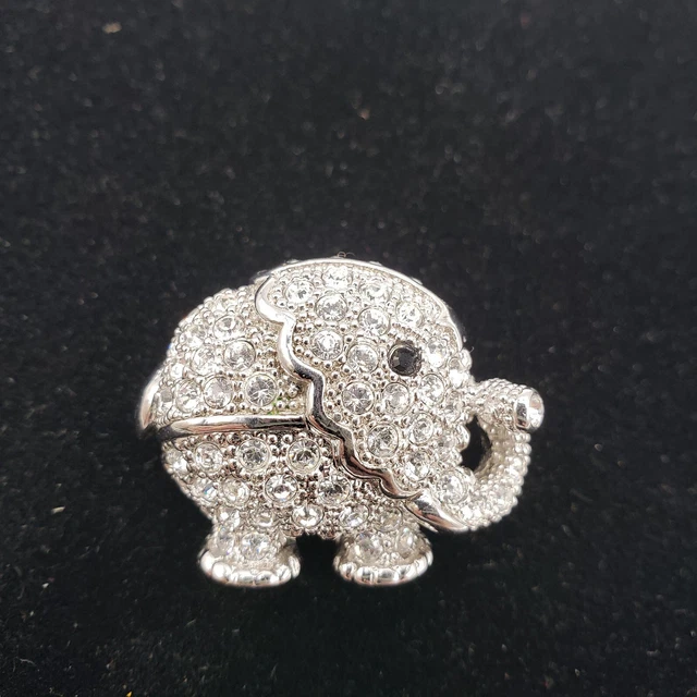 VTG Rhinestone Elephant Silver Tone Pin Brooch Black Eye Signed Estate Find