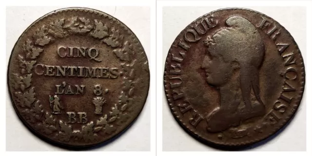 5 Centimes / "Dupré" / Grand Module / An 8 / 1799 / BB Strasbourg / Consulat