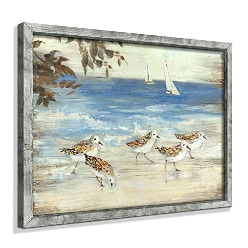 Ocean Framed Wooden Wall Art: Abstract Beach 16" x 12" Blue Seascape & Seabirds