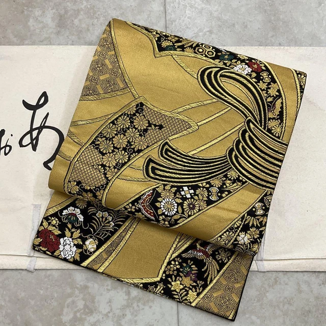 Fukuro Obi Black Bird Treasure Gold Silver Thread Japanese Kimono Belt