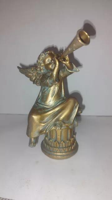 Vintage MCM Decoline New York Angel Statue Angel Cherub Playing Horn On Pillar