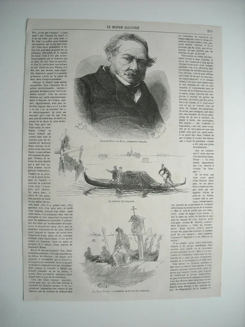 Gravure 1868. M. Paul De Kock, Romancier Français. La Vie A Venise. Gondoliers..