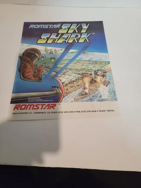 Flyer ROMSTAR,SKY SHARK 1987  Arcade Video Game advertisement original see pic