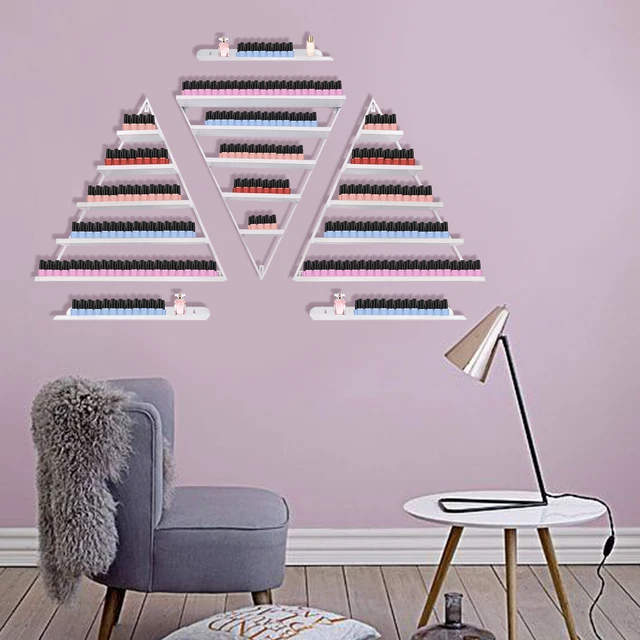 5-Tier Metal Triangle Nail Polish Display Rack Kits White Wall-Mounted Shelf Set