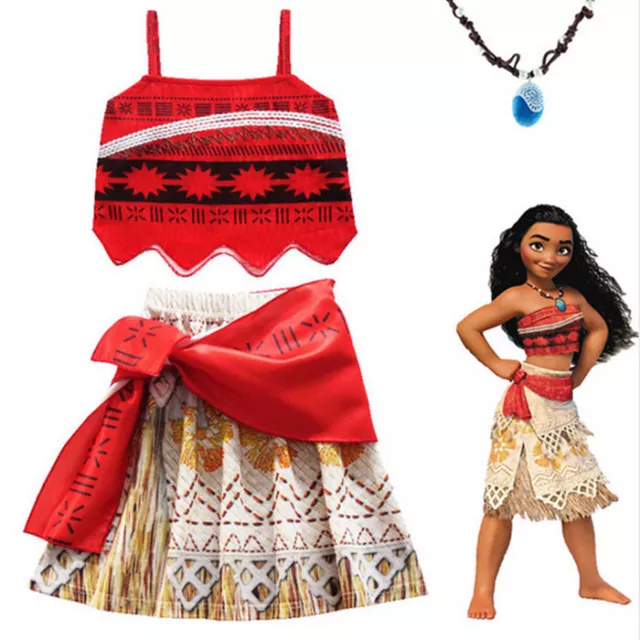 UK Moana Costume Hawaiian Princess Fancy Cosplay Dress&Necklace 3-11Y Outfit