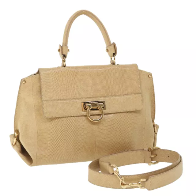 Salvatore Ferragamo Sofia Gancini Hand Bag Leather 2way Beige Auth 54710