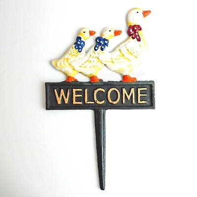 Duck Family Welcome Garden Ground Stake Cast Iron Yard Plaque Sign Heavy Duty