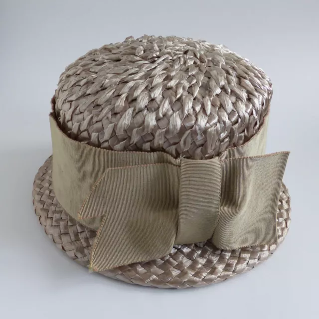 Feiner alter 1960er Vintage Bast Damenhut Hut Strohhut beige mit breitem Hutband 2