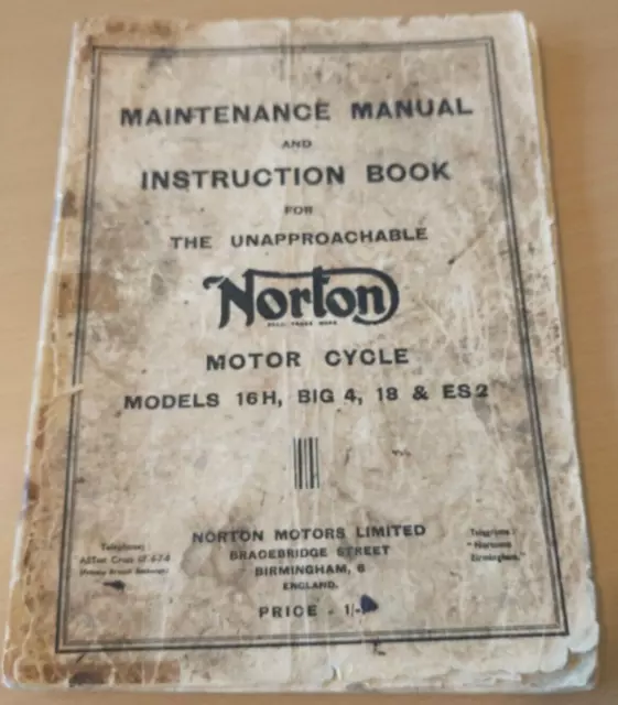 Norton Motor Cycle Maintenance Manual and Instruction Book 16H Big 4 18 & ES2