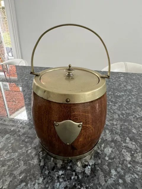 Antique Biscuit Barrel English Oak and Silver Plated with Porcelain Liner