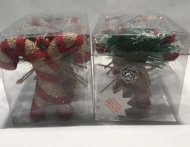 Brand New 2 Packs Burlap Embellished Candy Cane 12 Total Ornaments  Christmas