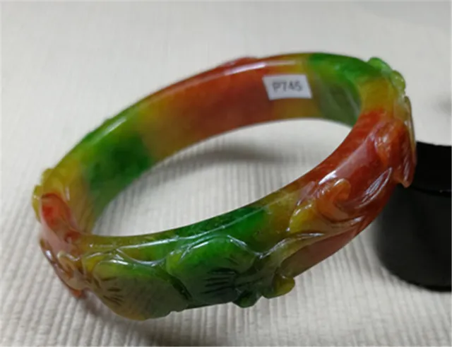 55x52mm Natural Green Red Jadeite Ancient Hand-Carved Jade Bracelet Bangle