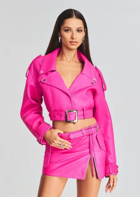 Women's Stylish Lambskin Pink Soft Dress Halloween Hot Party Barbie Leather