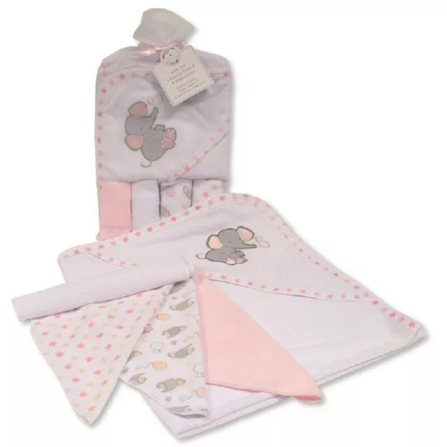 Baby Elephant & Stars  ~ Hooded Towel & 4 Wash Cloths Set ~  Pink ~  Shower Gift