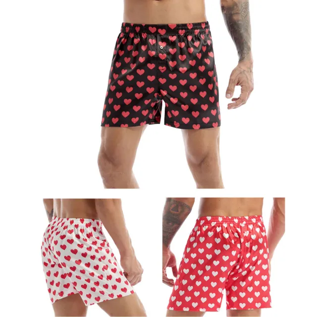 Mens Heart Print Silky Satin Boxer Shorts Loose Sports Lounge Swimwear Underpant