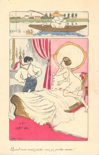 Cpa Illustrateur Signe Xavier Sager Quand Mon Mari Peche Moi Je Peche Aussi