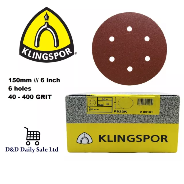 150 mm Sanding Discs/Sandpaper 6 hole pads 6'' KLINGSPOR 40-400 GRIT Hook & Loop