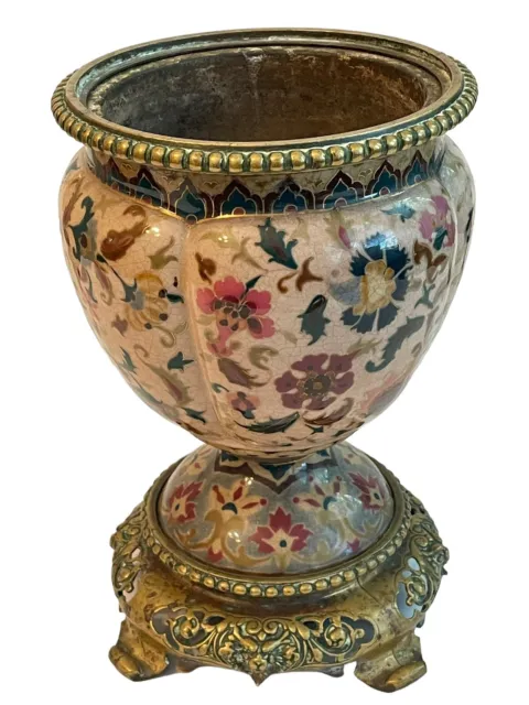 Antique Hungarian Zsolnay Oil Lamp Base Brass Base Persian Floral Porcelain Urn 2