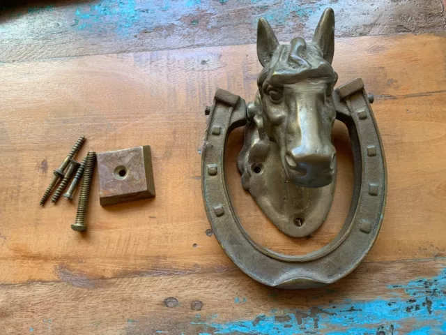 Vintage Solid Brass Horse Head Door Knocker with Horse Shoe - Equestrian Decor