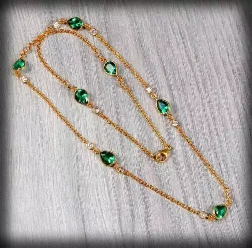 Lab Created Emerald & Diamond Station Necklace 14K Yellow Gold Plated 2.30CT