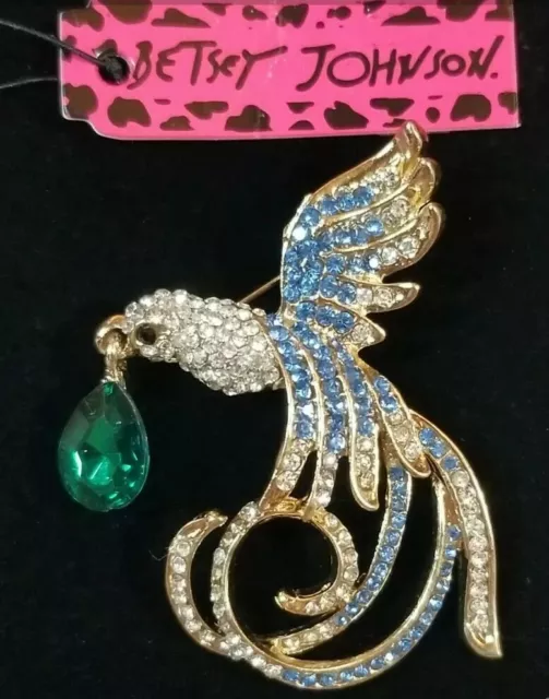 Blue Rhinestone Cute Bird Water Drop Betsey Johnson Brooch Pin
