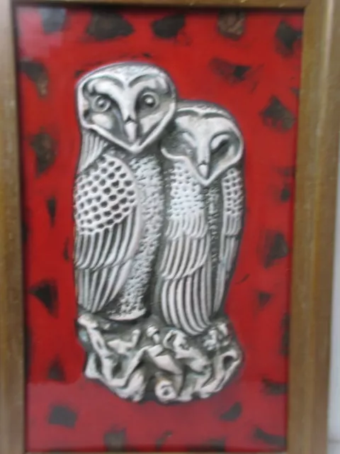 Vintage Owl Lava Ceramic Relief Mural 60s 70s with Wooden Frame West Germany 2