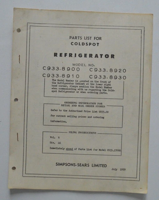 SIMPSONSSEARS PARTS LIST for Coldspot Refrigerator 1959 C933.8900 C933