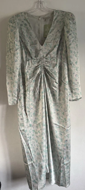 Bnwt Hm Pastal Floral Print Long Sleeves Empire Waist Midi Silky Dress Size:med