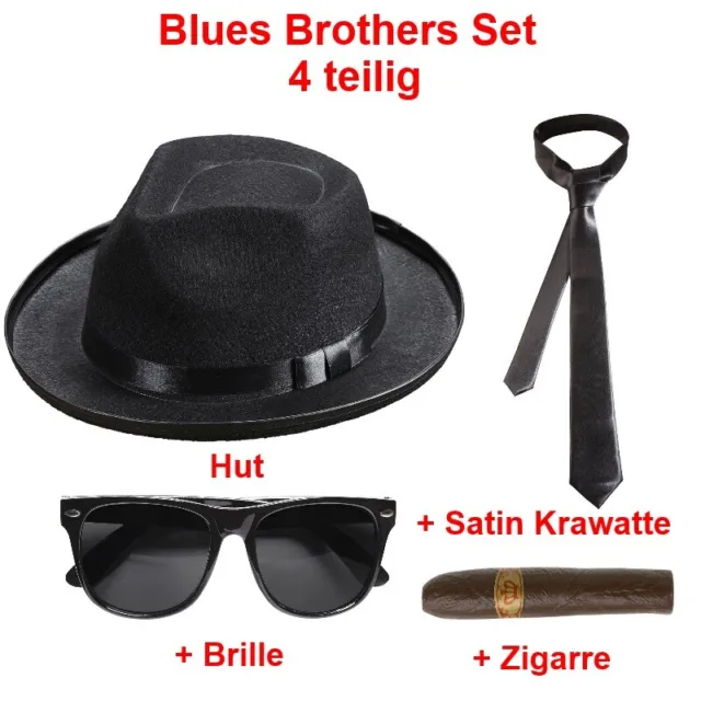 BLUES BROTHERS SET - 4 Tlg. Hut Brille Schlips Zigarre Gangster