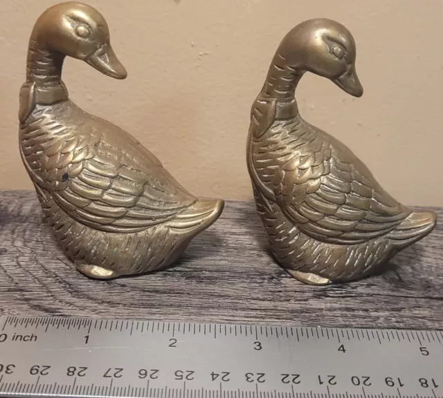 PAIR Vintage Solid Brass Duck Mother Goose w/ Bow Mid Century Figurine Sculpture