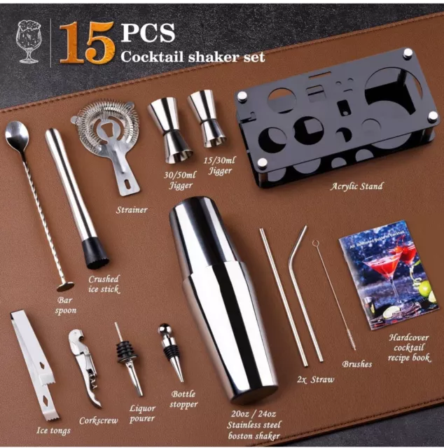 Cocktail Shaker Set Bartender Kit : 15-Piece Bar Tool Set with Acrylic Stand