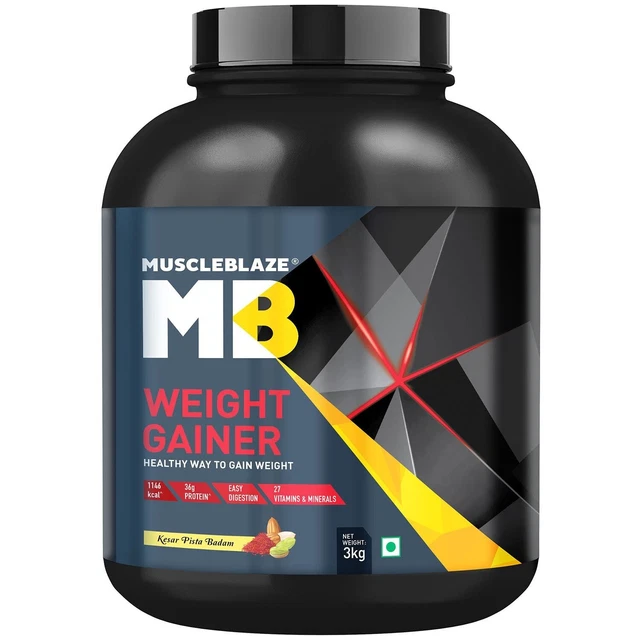 Polvo ganador de peso MuscleBlaze con digezyme añadido (Kesar Pista Badam 1 kg)