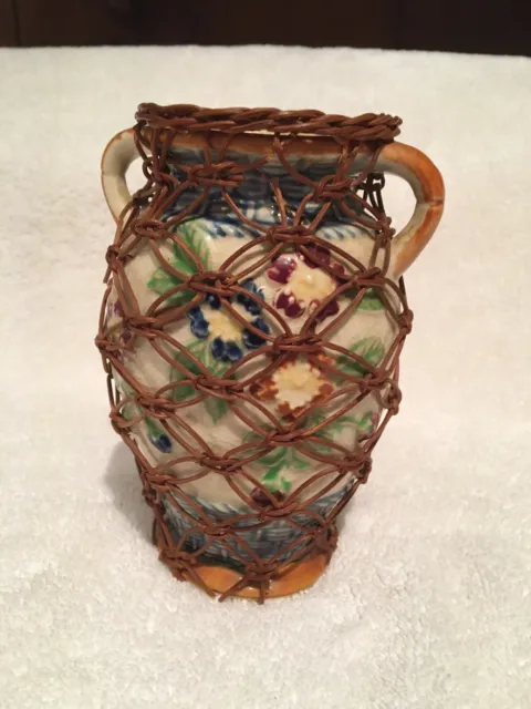 Vintage Majolica Vase Panko Ceramic  5.5" Floral Vase with rattan overlay