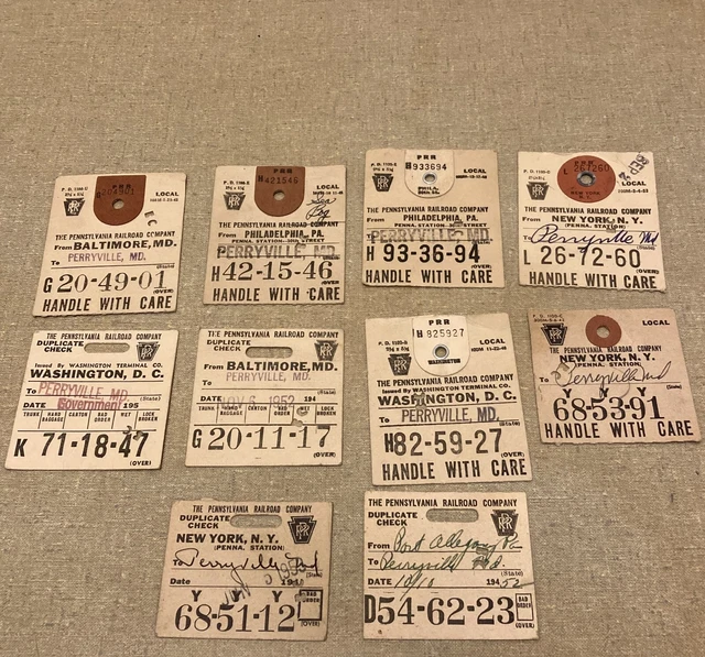 LOT OF 10 1950s BAGGAGE TAGS PENNSYLVANIA RAILROAD Luggage Tickets Stubs PRR