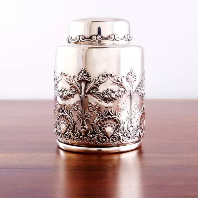 Whiting Sterling Silver Tea Caddy Alternating Shells, Boughs, Floral Sprays