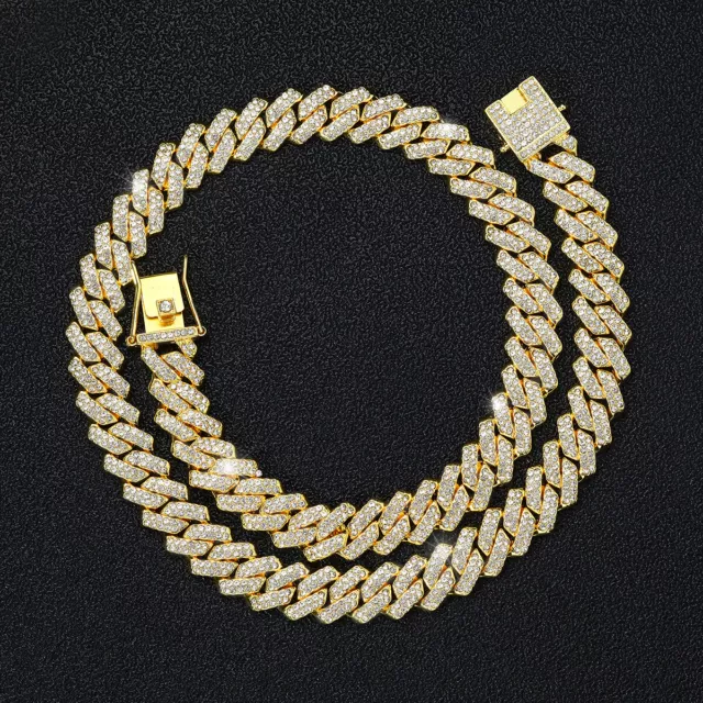 12MM 14k Gold Plated Iced CZ Out Miami Cuban Link Bracelet Chain for Men