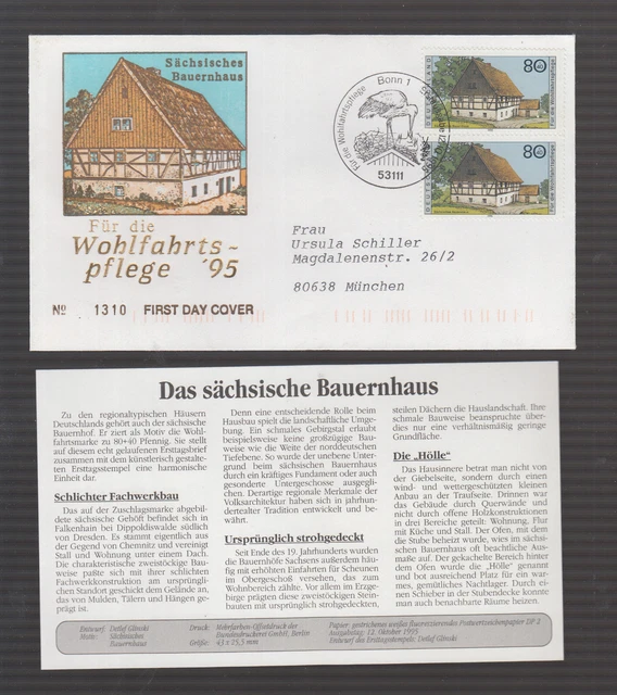 BRD 1995 FDC/Brief + Beschreibung - Wohlfahrt: Sächsisches Bauernhaus (2W)