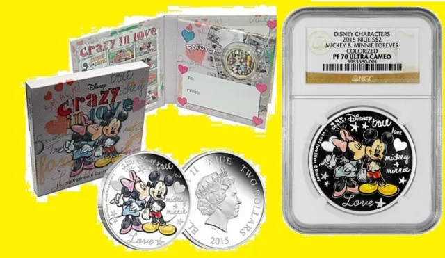 2015 Disney Mickey And Minnie Colorized 1 Oz Silver Ngc Pf 70 Uc Pop 10K Box/Coa