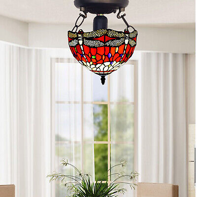 Tiffany Rosso Dragonfly Lampada da soffitto 10 pollici tonalità di vetro colorato stile antico